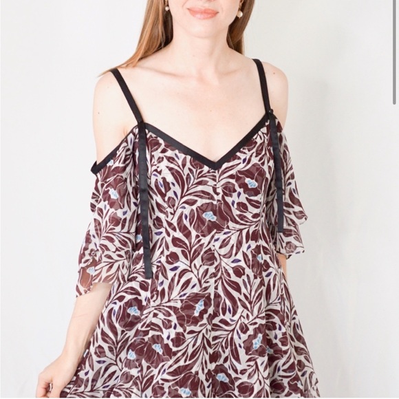 Cinq a Sept Maroon Silk Floral Dress 0 - Picture 6 of 11